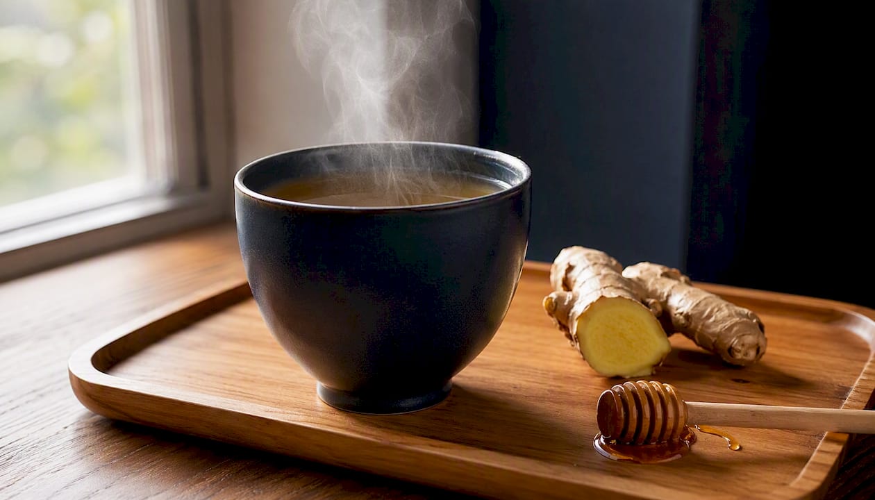 Steaming cup of fresh ginger tea with ginger slice
