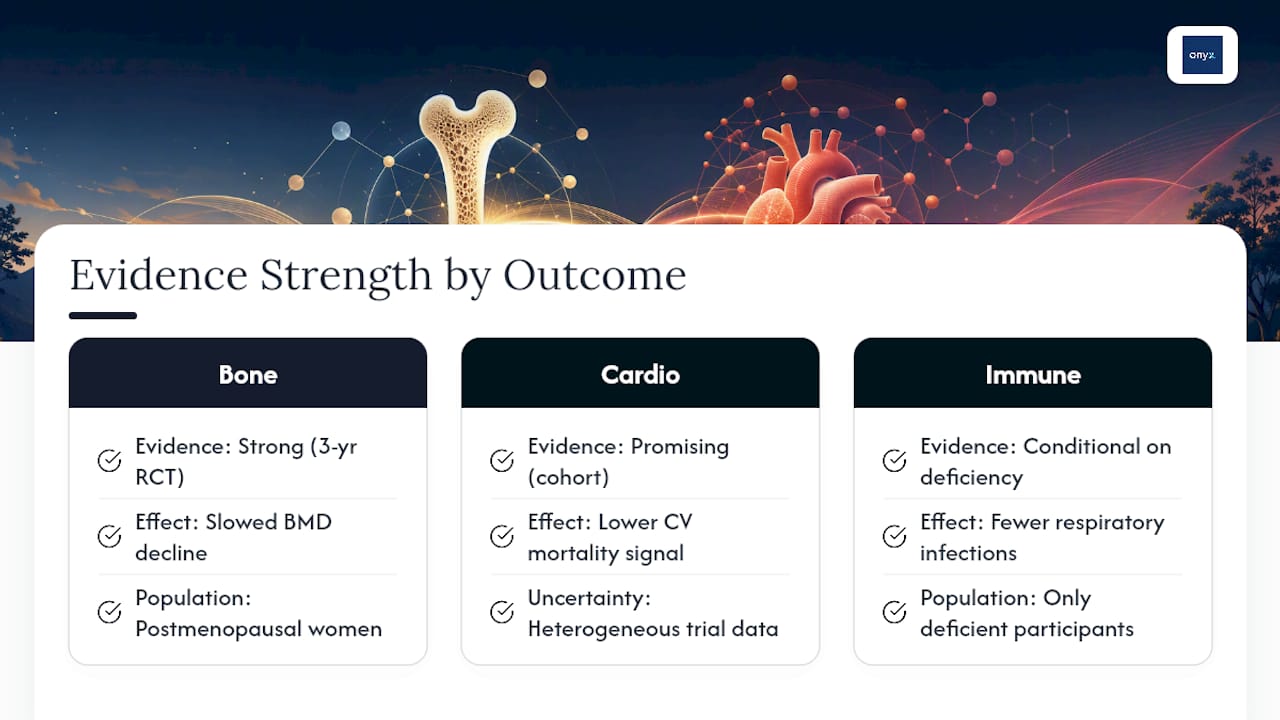 Diagram of vitamin D3 K2 benefits on bone, heart, and immune health