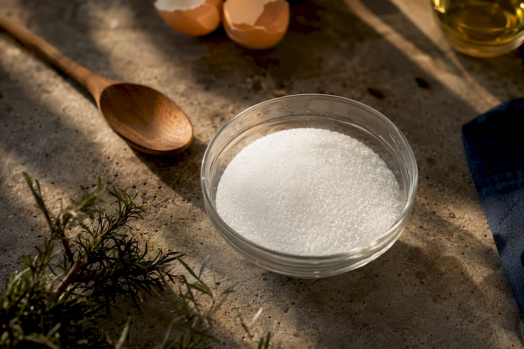 Glass bowl with allulose sweetener at kitchen counter