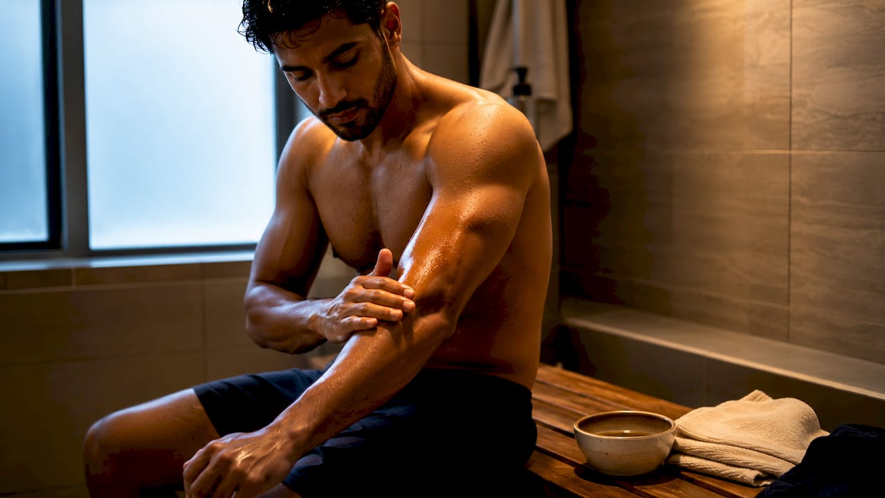 Athlete applying oil during self massage