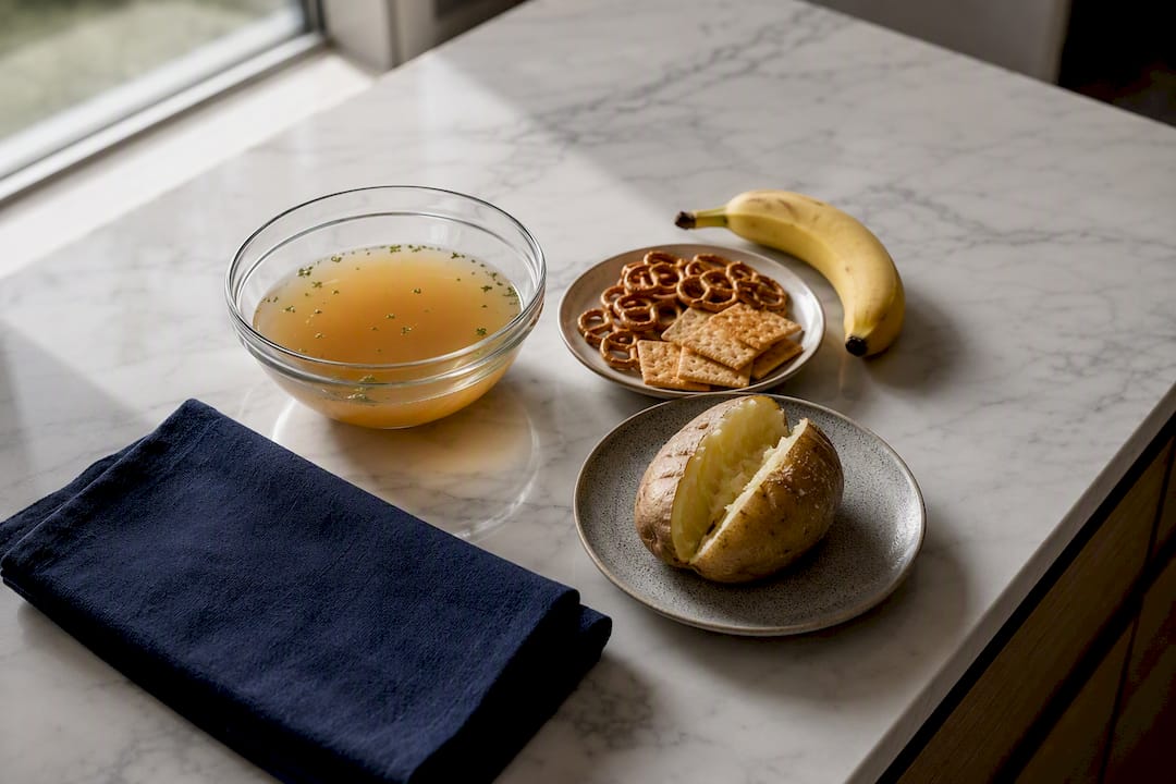 Broth, pretzels, banana and potato for recovery