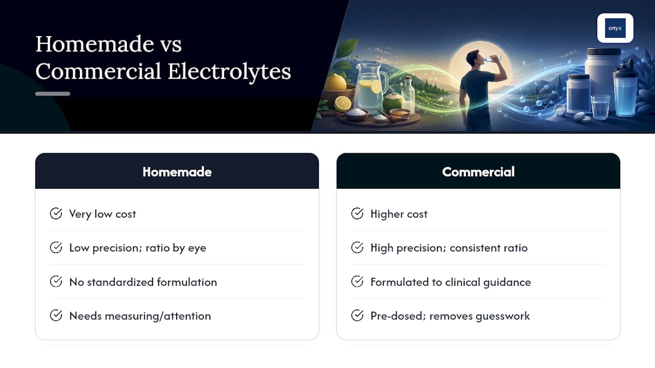 Homemade Electrolyte Solutions vs. Commercial Products — overview diagram