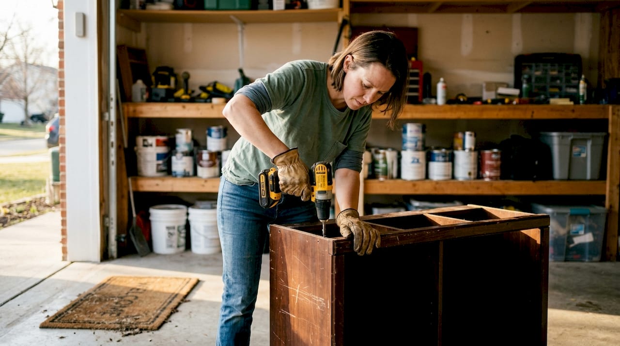 Woman disassembling old bookshelf in garage