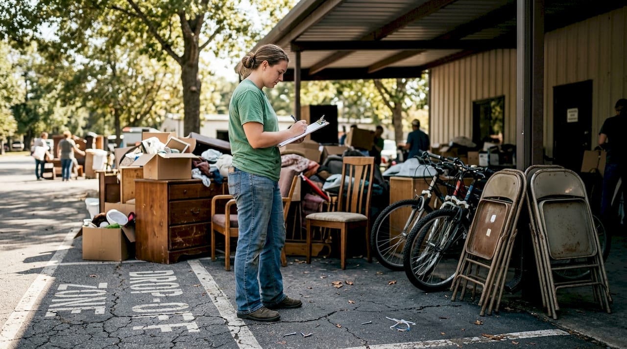 Crew member sorting junk for donation