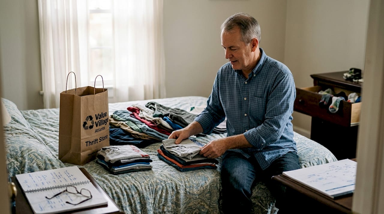 Man folding clothes for donation in bedroom