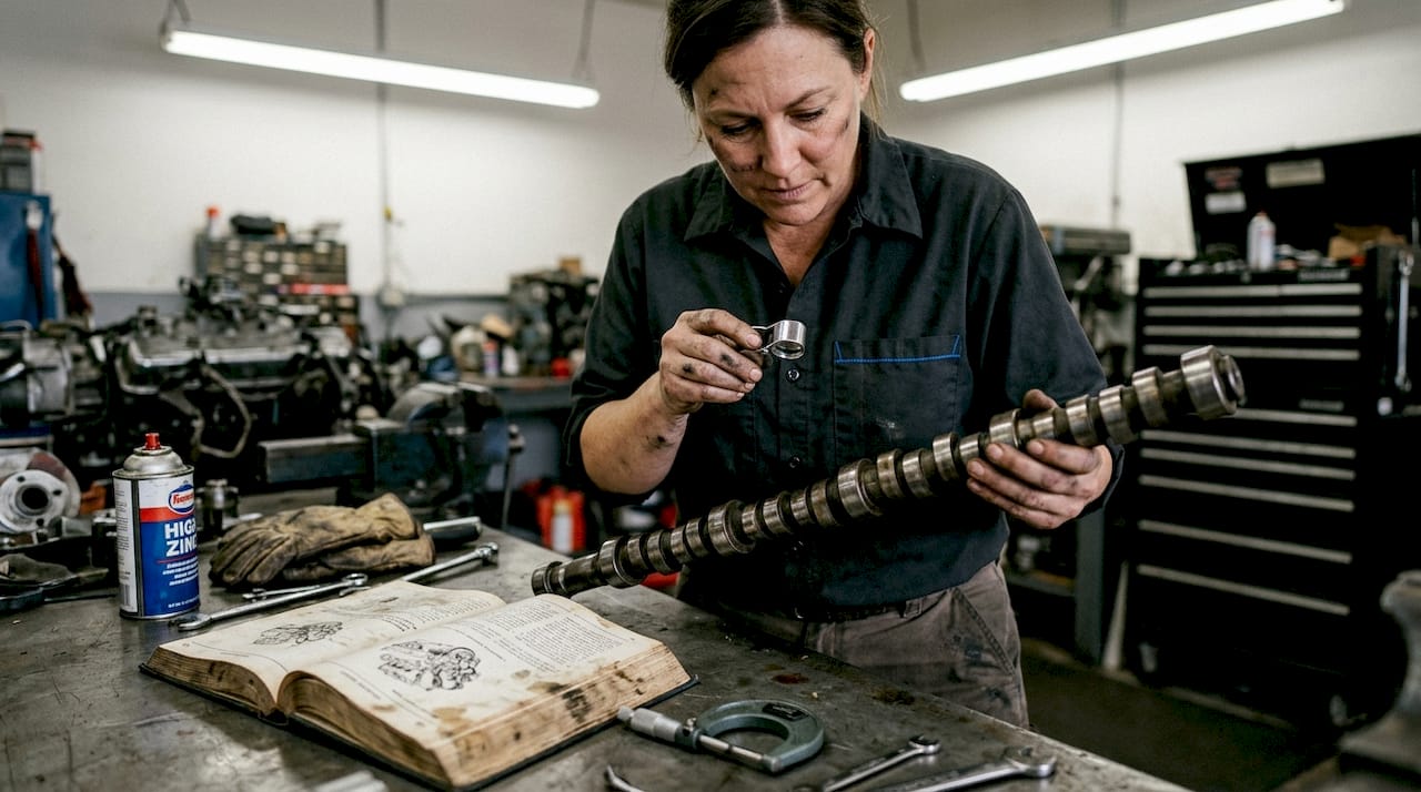 Mechanic examines flat-tappet camshaft on bench