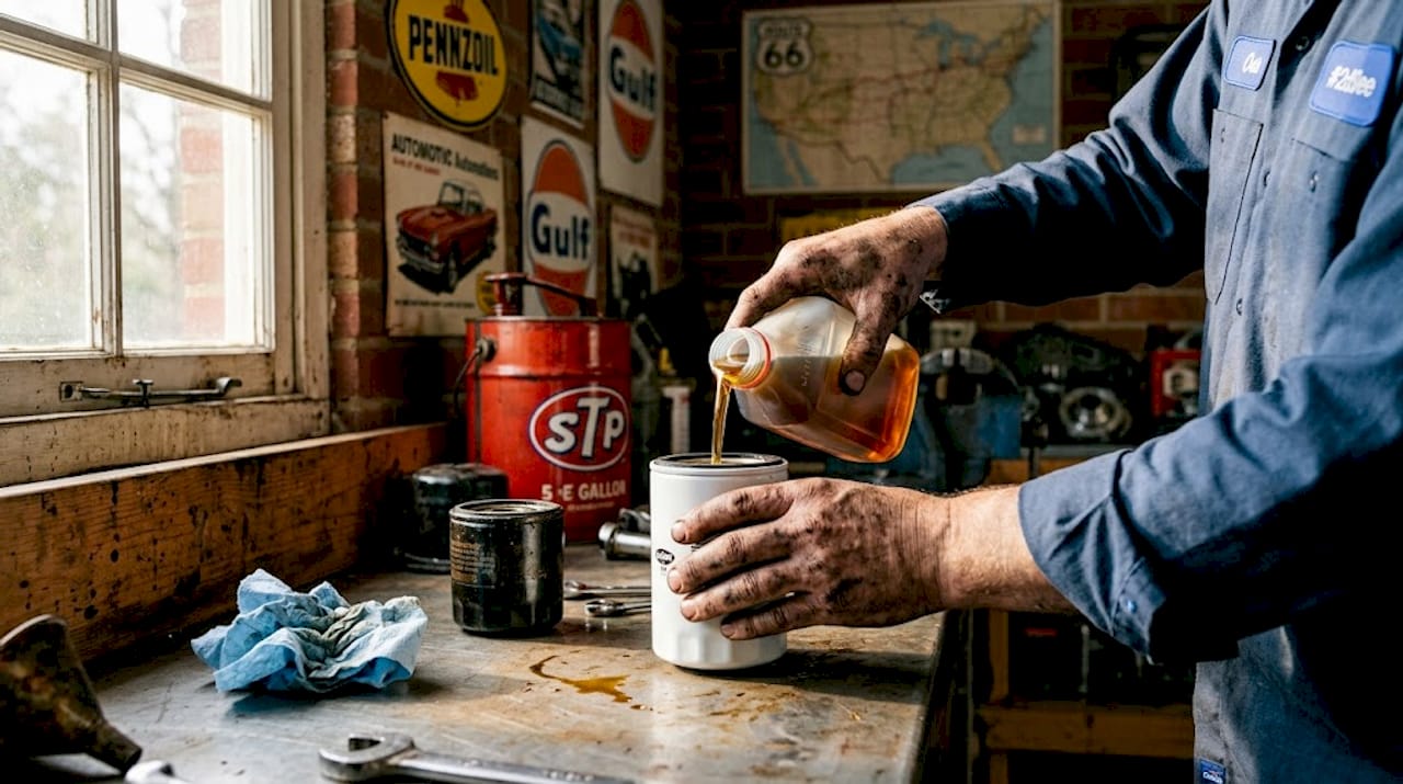 Hands priming oil filter in classic car garage
