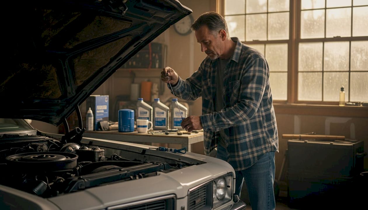 Man checking oil in Oldsmobile engine bay