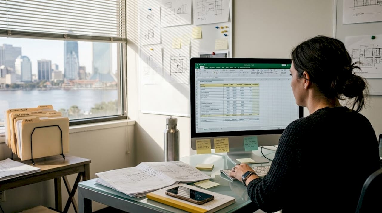 Architect reviewing construction costs on office computer