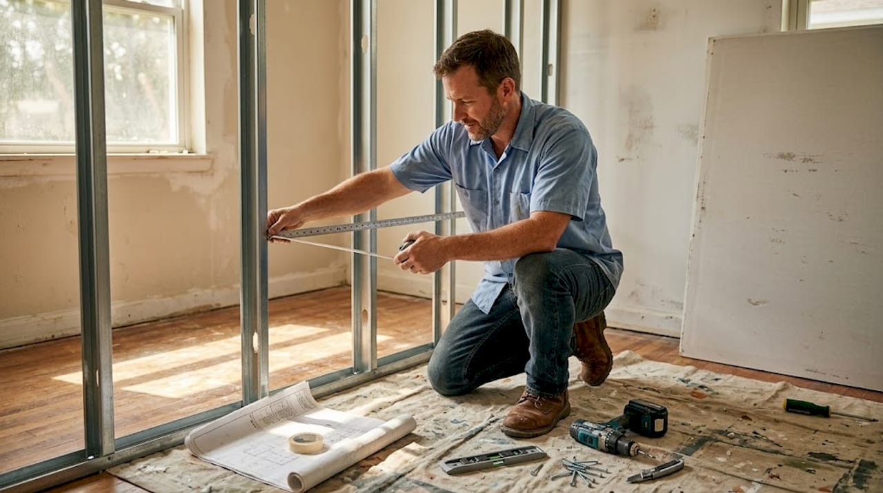 Contractor measuring steel framing in renovation