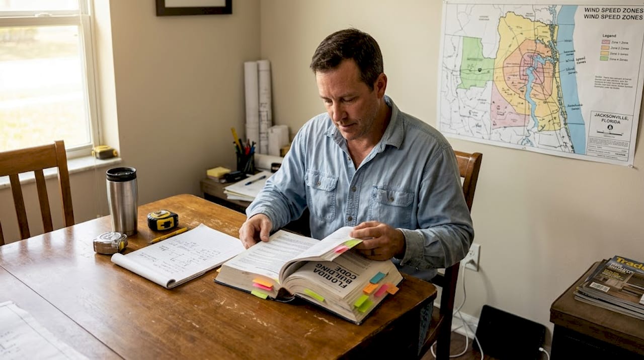 Contractor reviews Florida Building Code manual