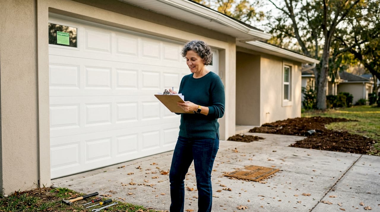 Homeowner inspecting new garage door install