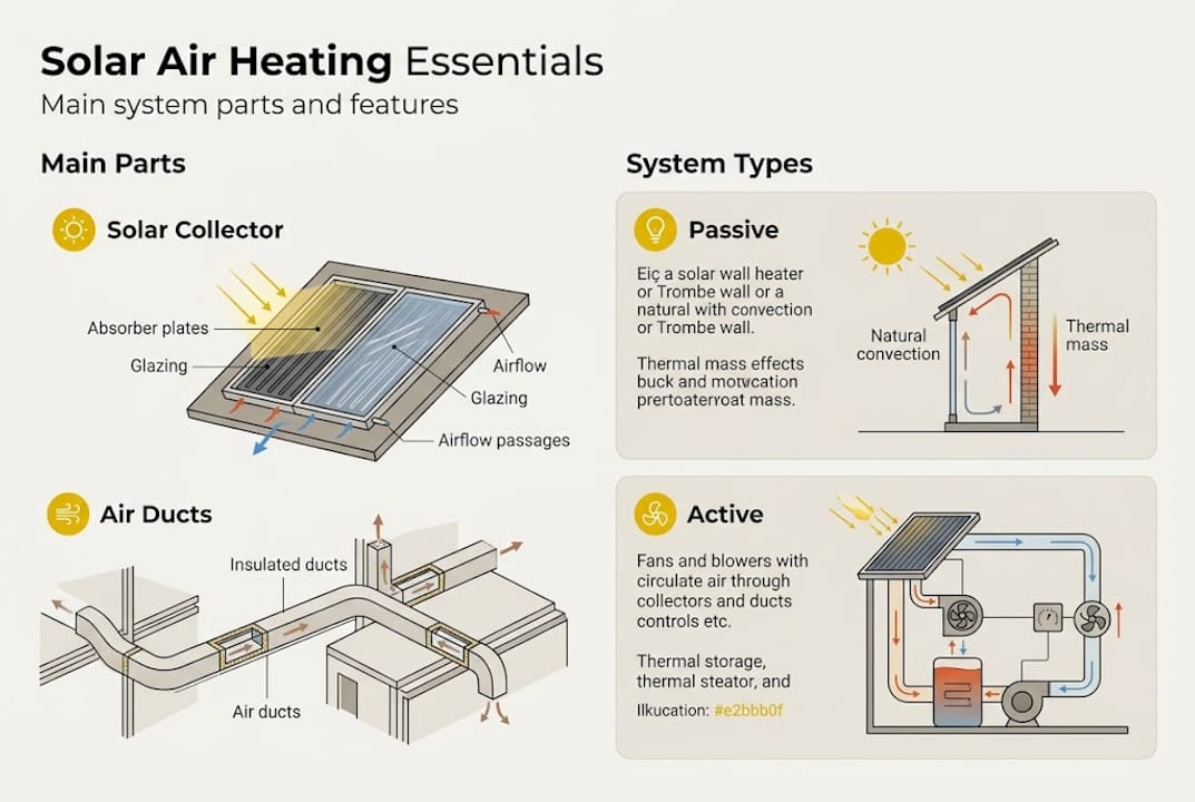Infographic of solar air heating components and types