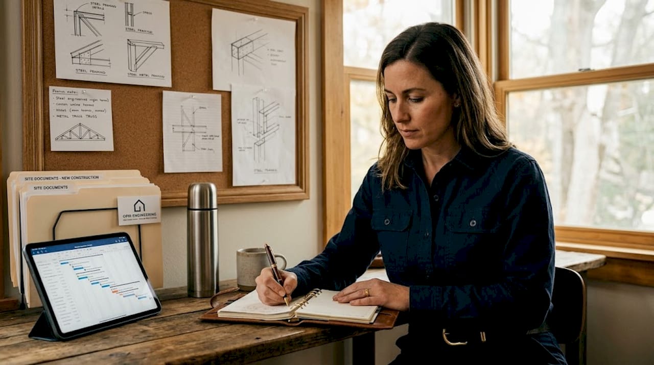 Contractor in office checking project schedule