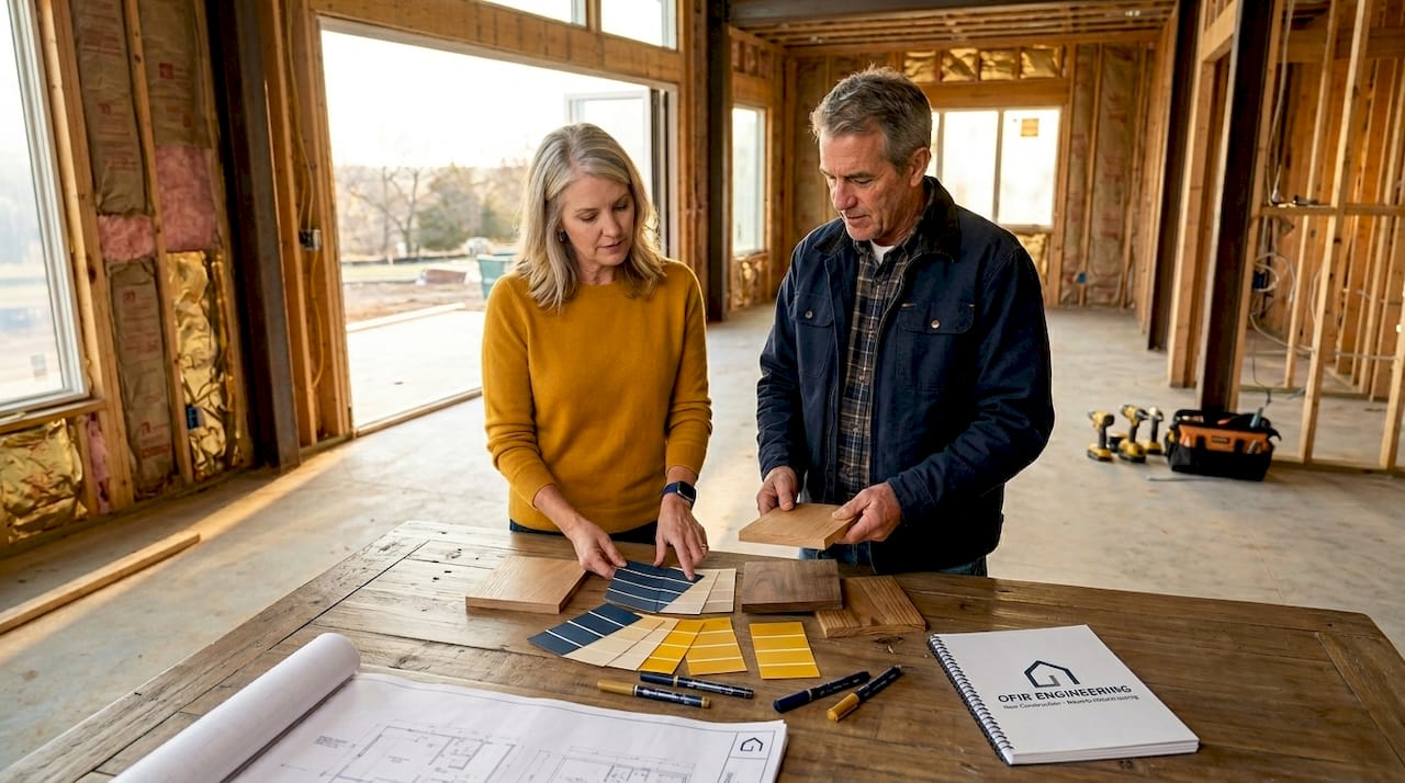 Homeowner and contractor choosing home finishes
