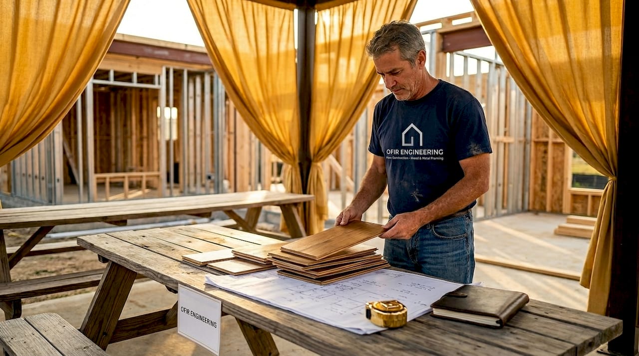 Homeowner choosing flooring in unfinished living room