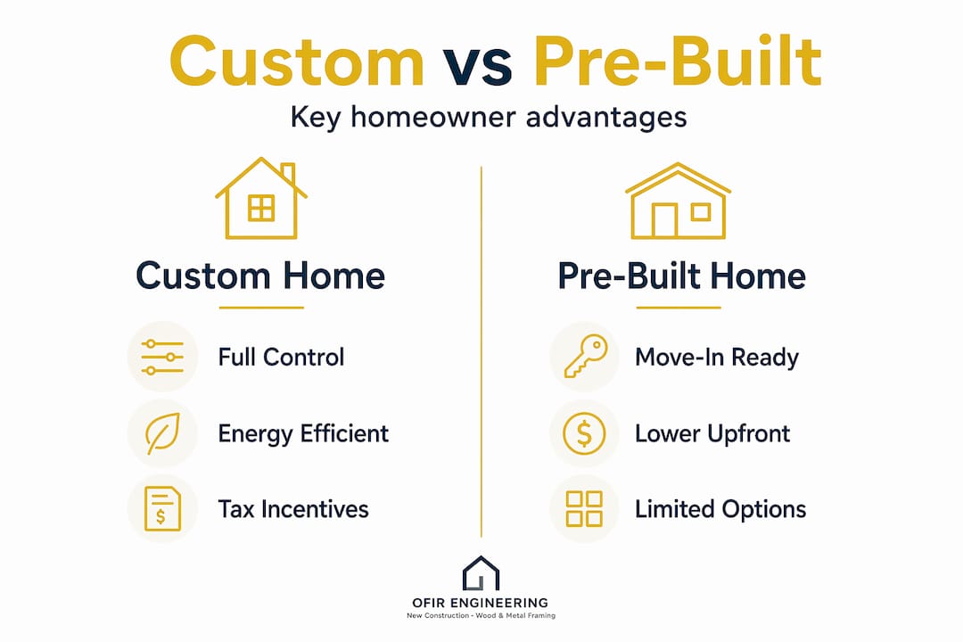 Infographic comparing custom and pre-built home advantages