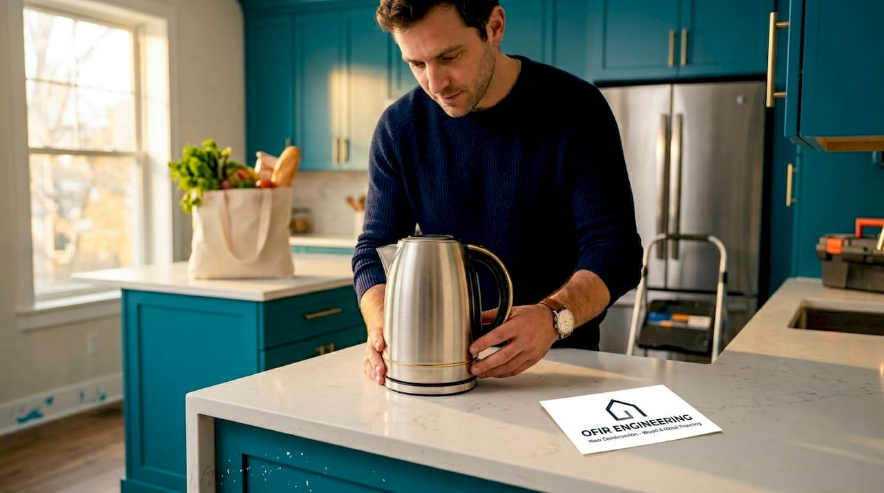 Person placing kettle in newly updated kitchen space