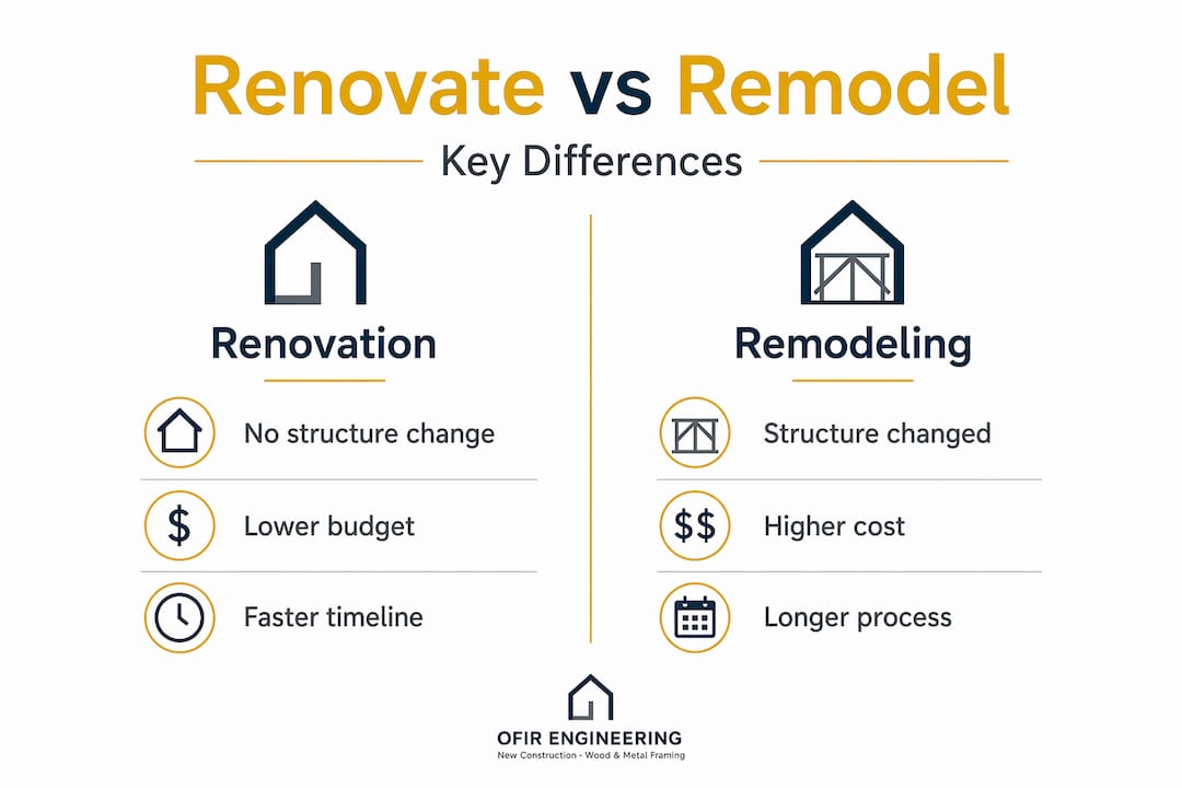 Infographic showing renovation versus remodeling traits