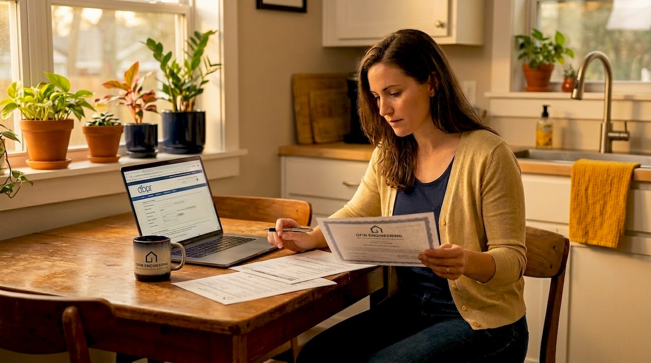 Homeowner checks contractor license paperwork at kitchen table
