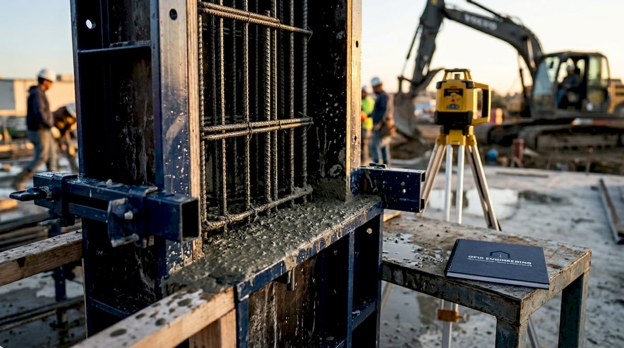 Close-up of reinforced concrete column with rebar