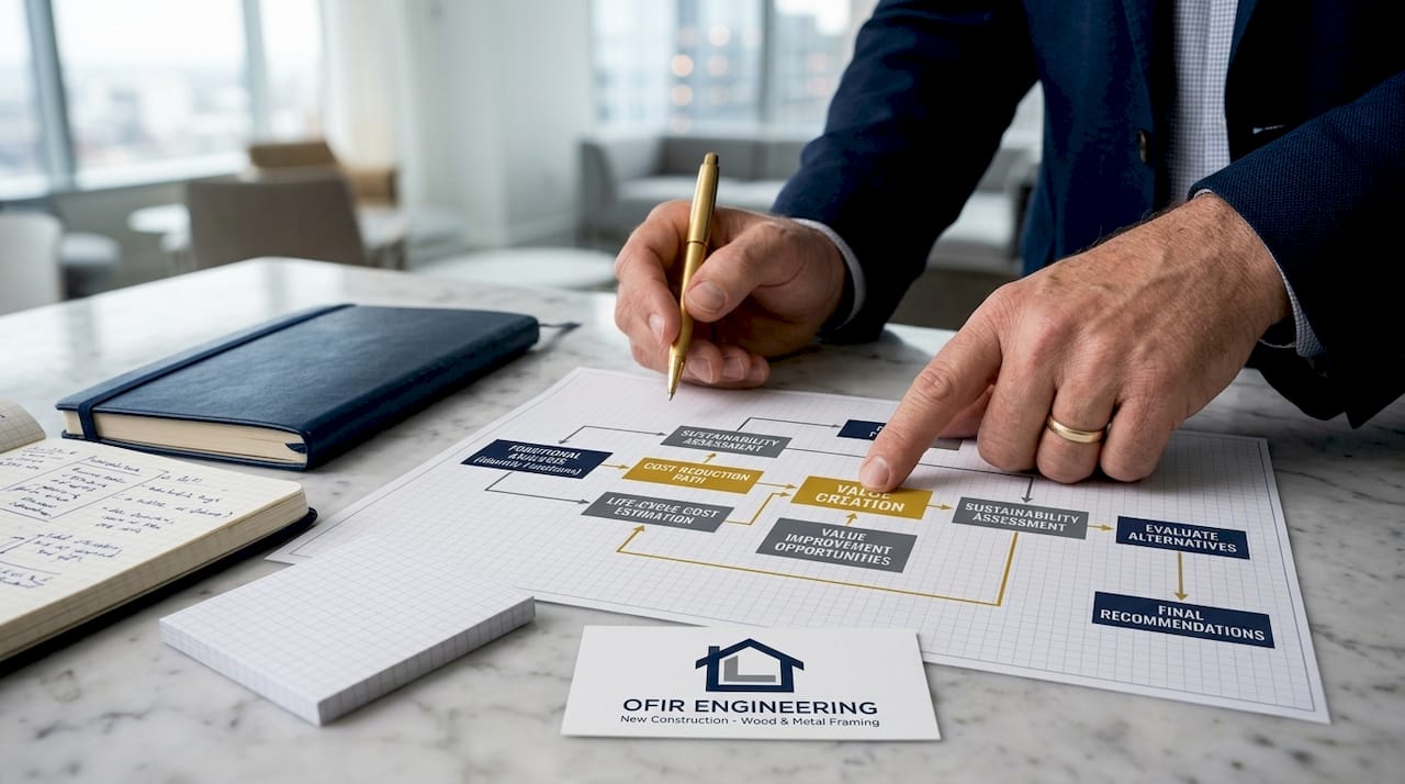 Engineer pointing at value engineering functional diagram