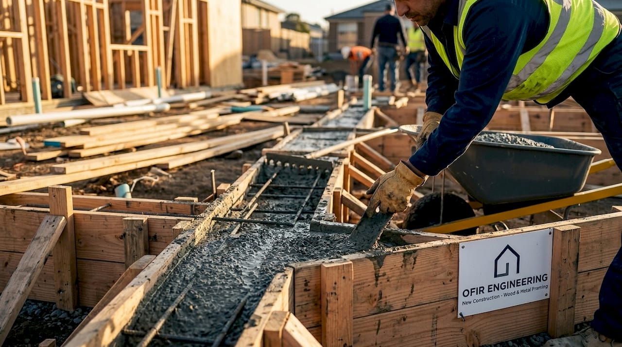 Worker pouring concrete for foundation
