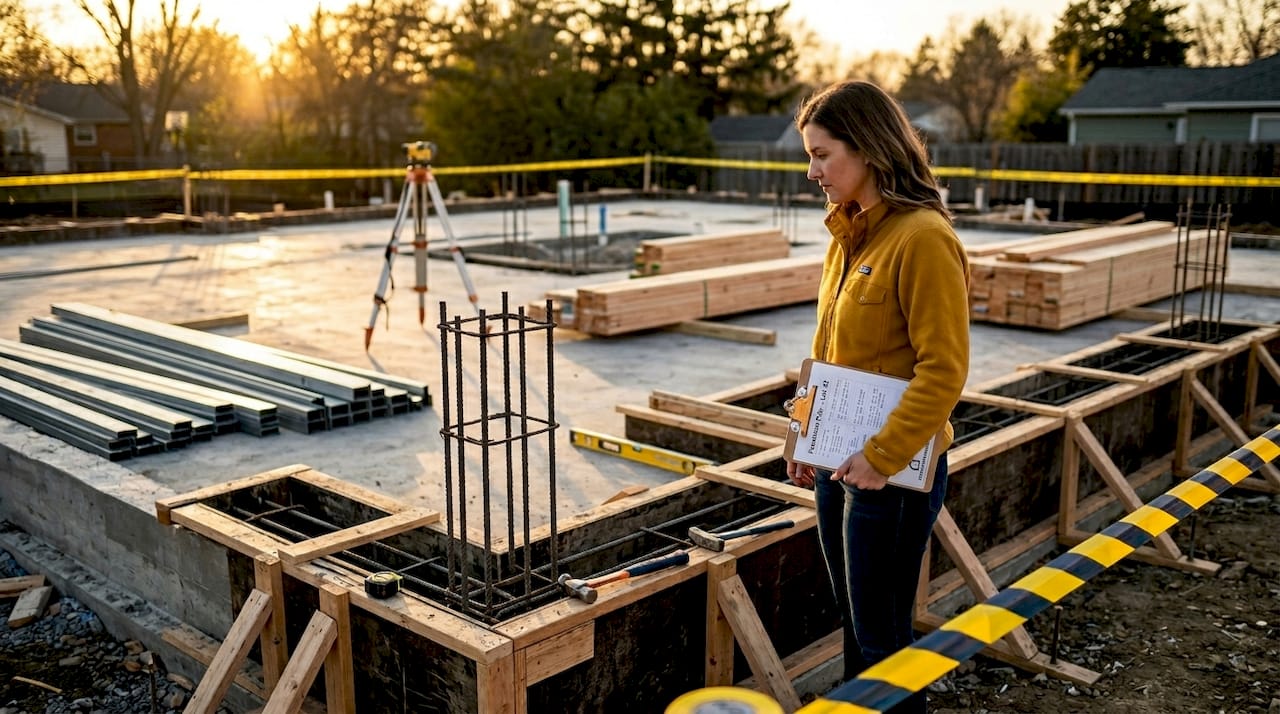 Homeowner inspecting residential site foundation