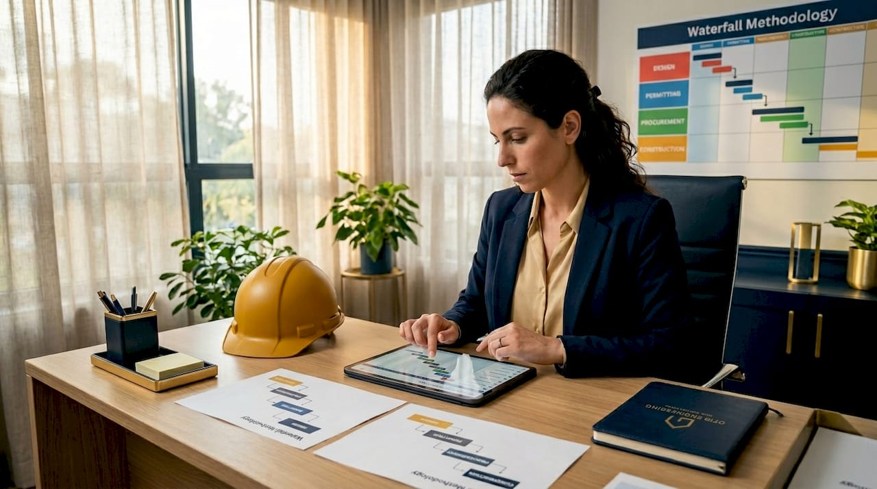 Scheduler reviewing waterfall construction timeline on tablet