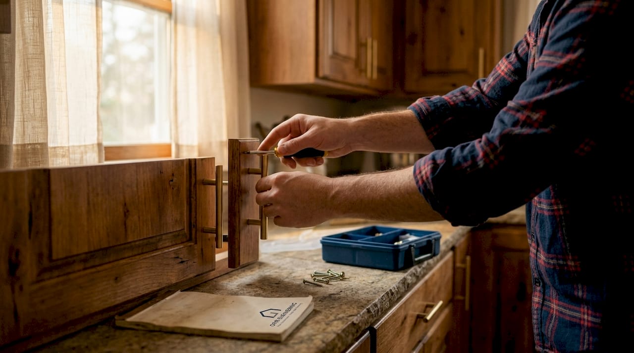 Hands installing modern kitchen cabinet hardware