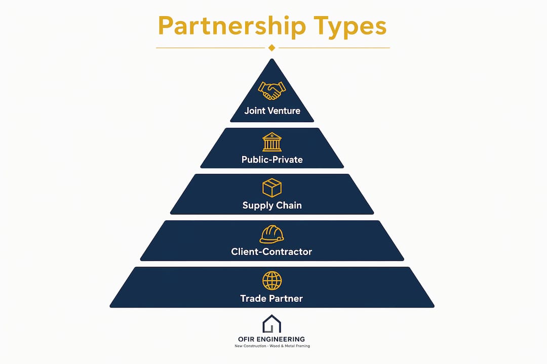 Infographic illustrating types of construction partnerships in hierarchical layout