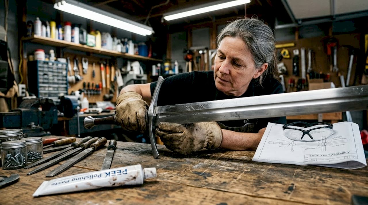 Craftsperson inspecting Claymore sword in workshop