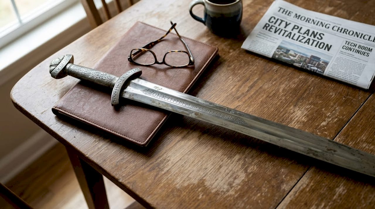 Detailed movie sword replica on table