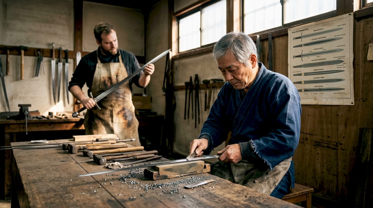 Japanese and European swordsmiths at work