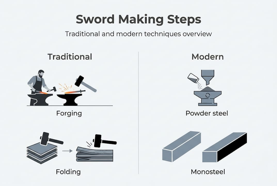 Infographic sword making steps: traditional and modern methods