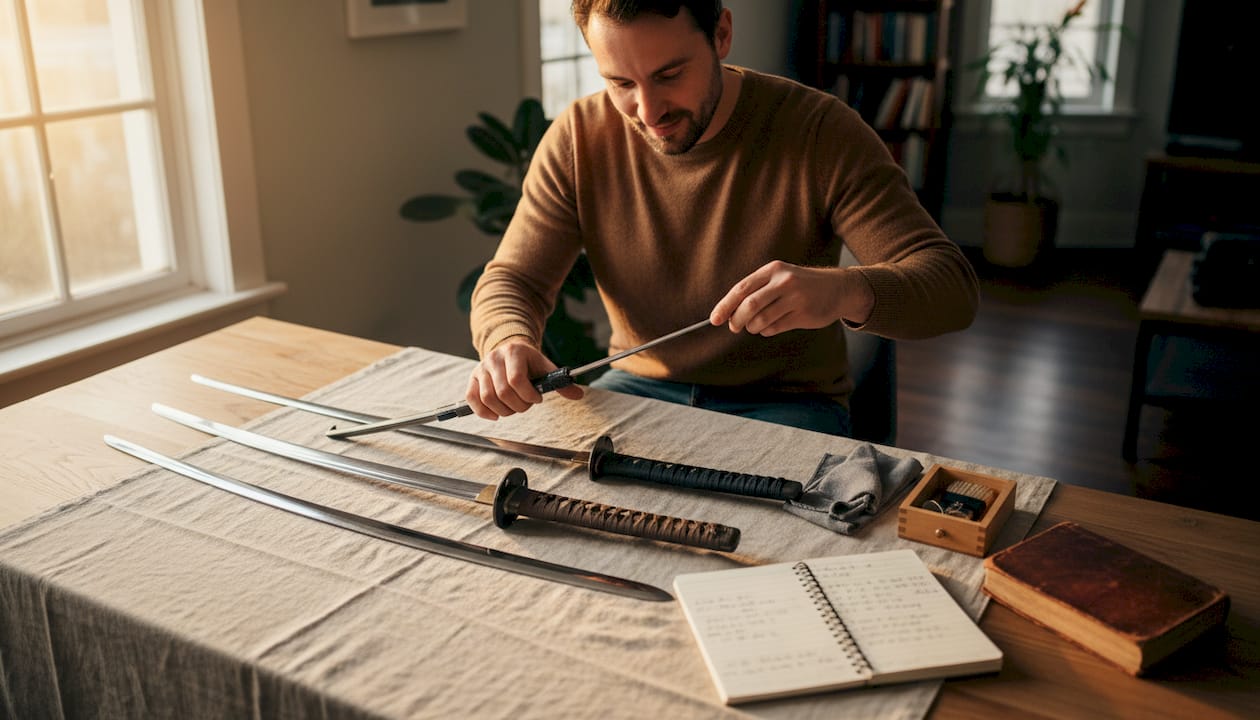 Collector examining sword tang and blade details