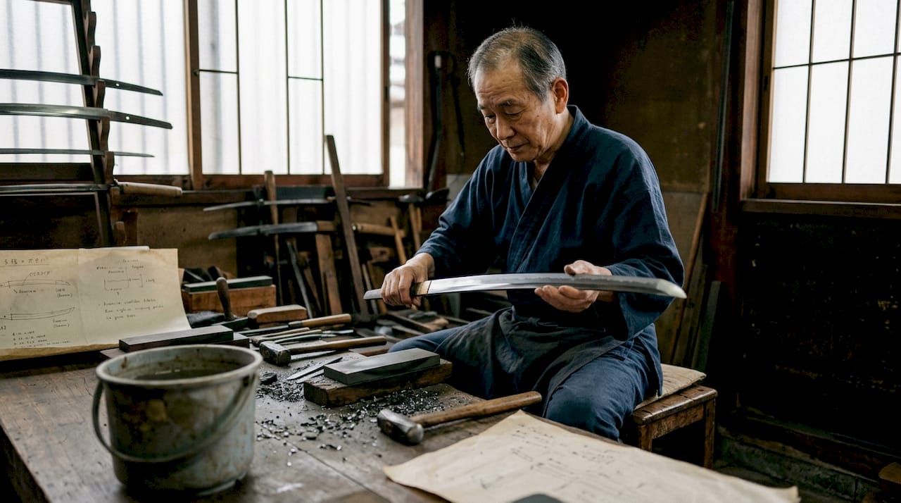 Japanese swordsmith examines katana in workshop