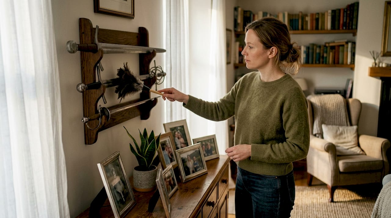 Woman maintaining sword display at home