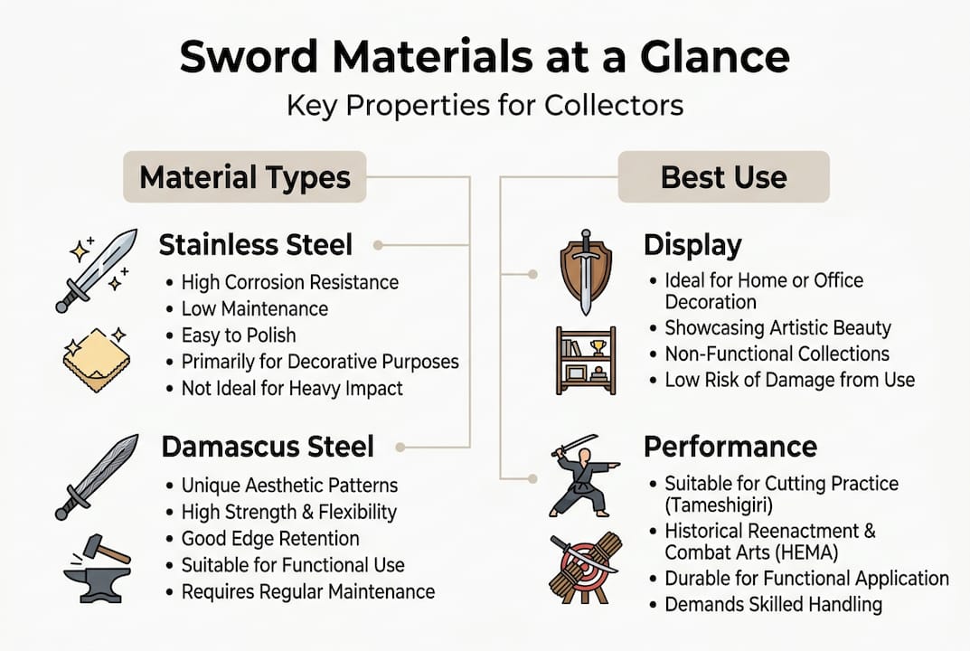 Infographic comparing sword material types and uses
