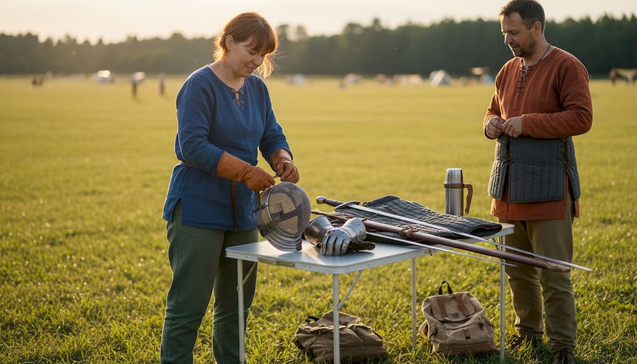 Reenactor checks sword gear before training
