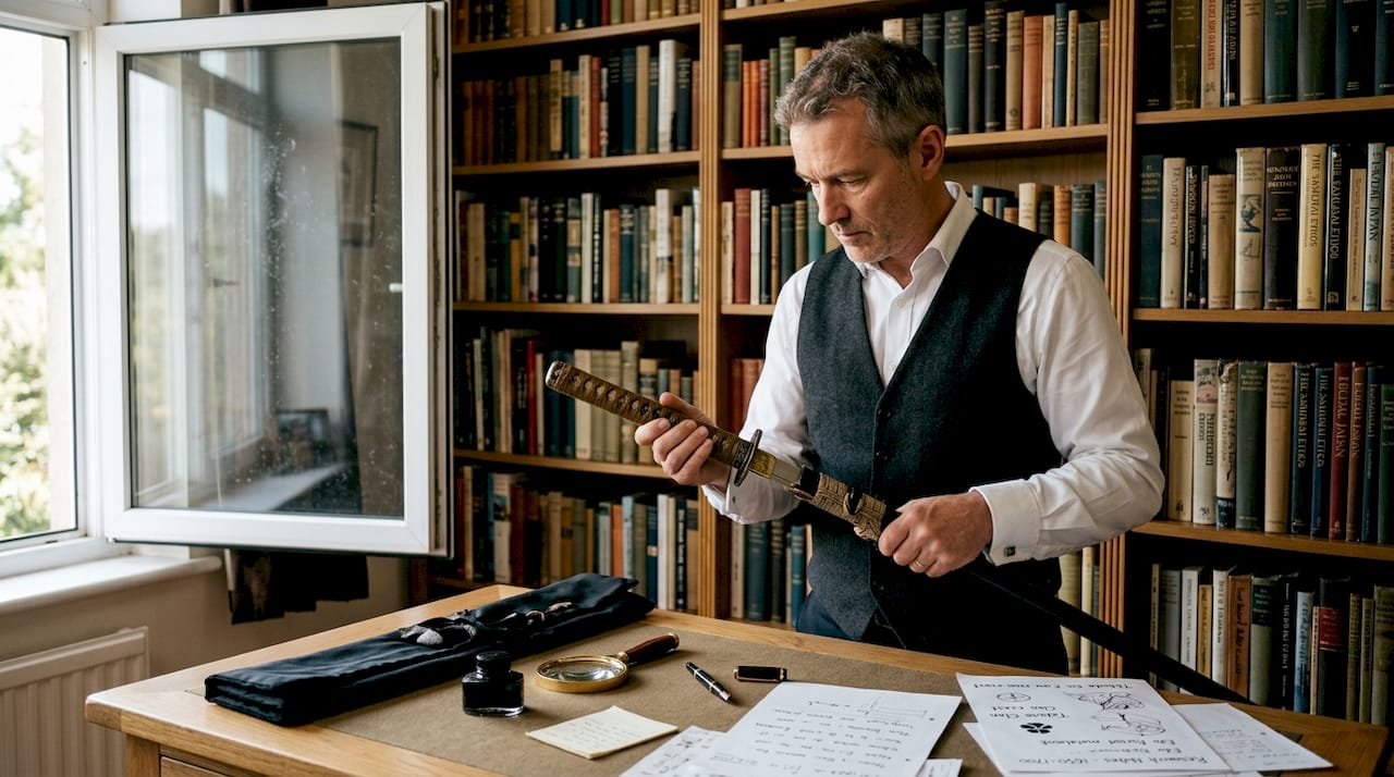 Collector studying katana at home study desk