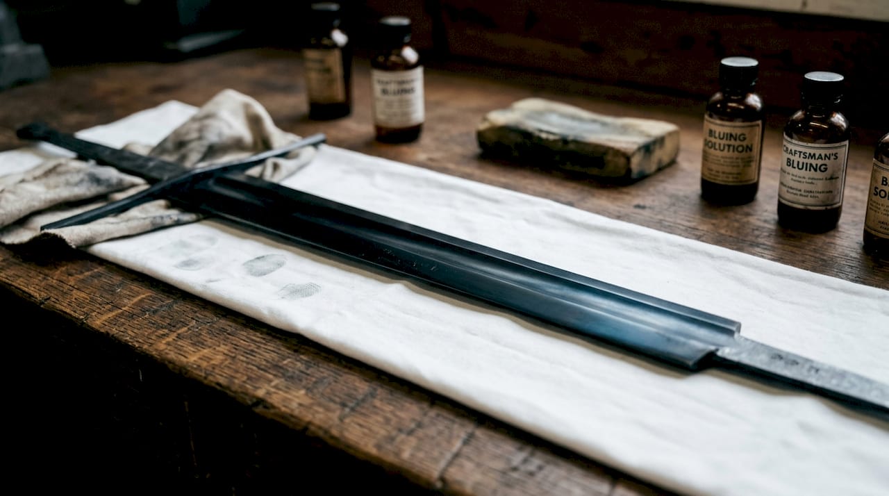 Blued sword blade with workbench details