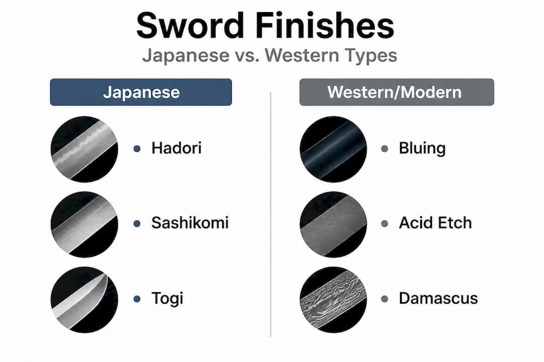 Infographic comparing Japanese and Western sword finishes