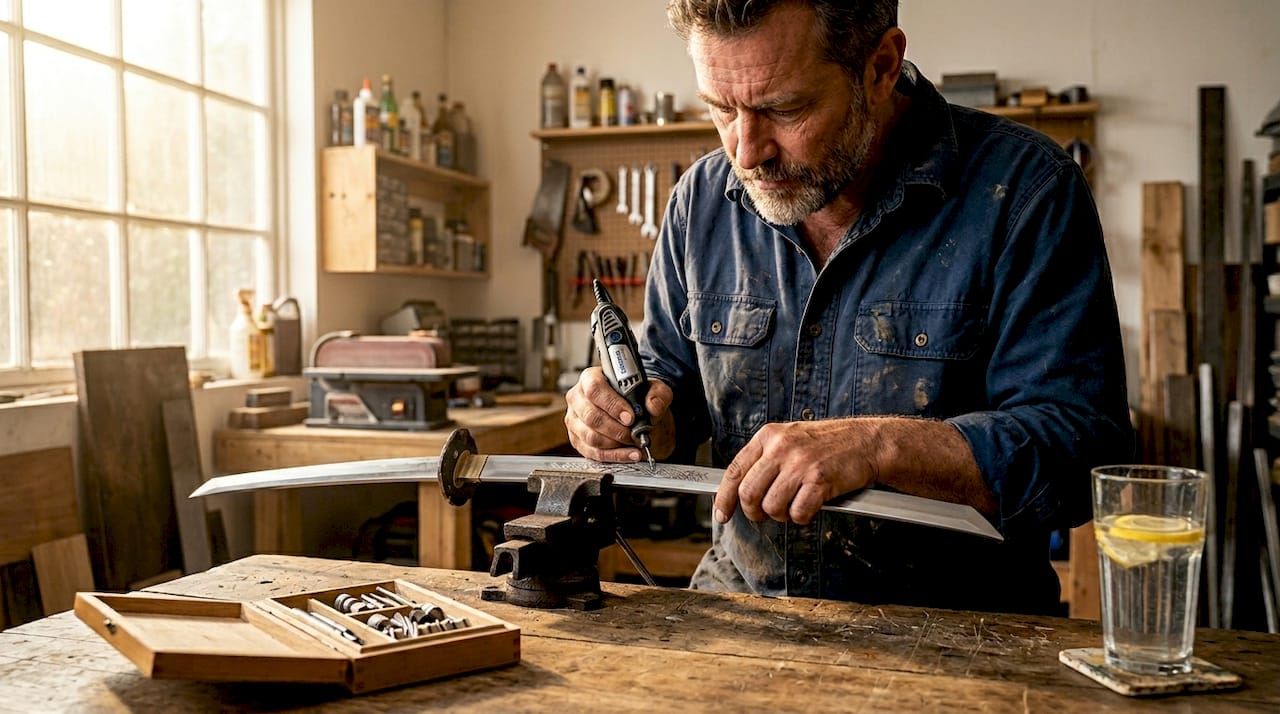 Hands engraving sword blade in workshop