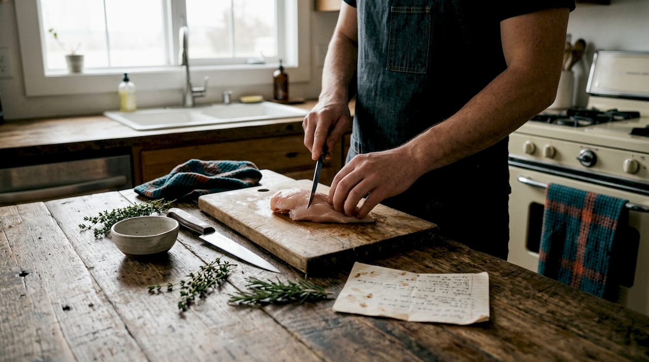 Hands trimming chicken with boning knife