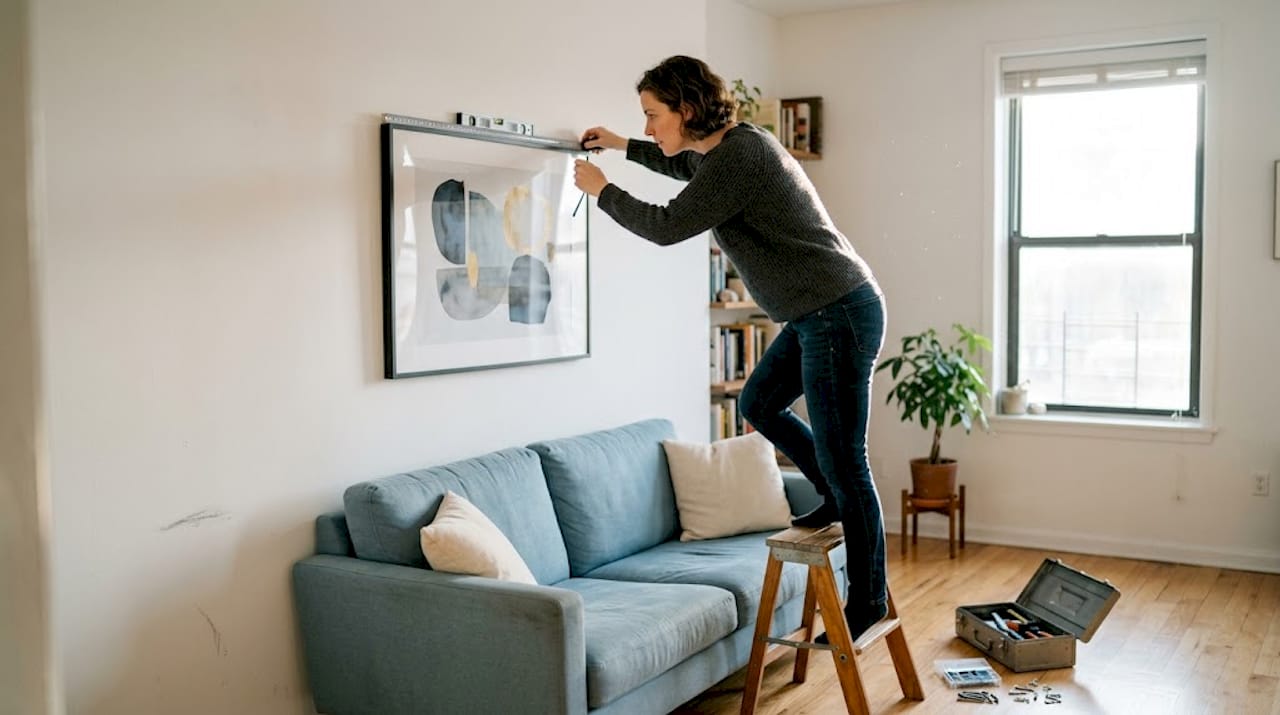 Hanging modern art above living room sofa
