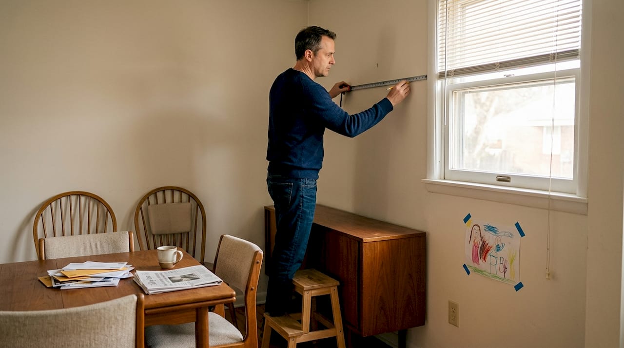 Man measuring wall for custom artwork