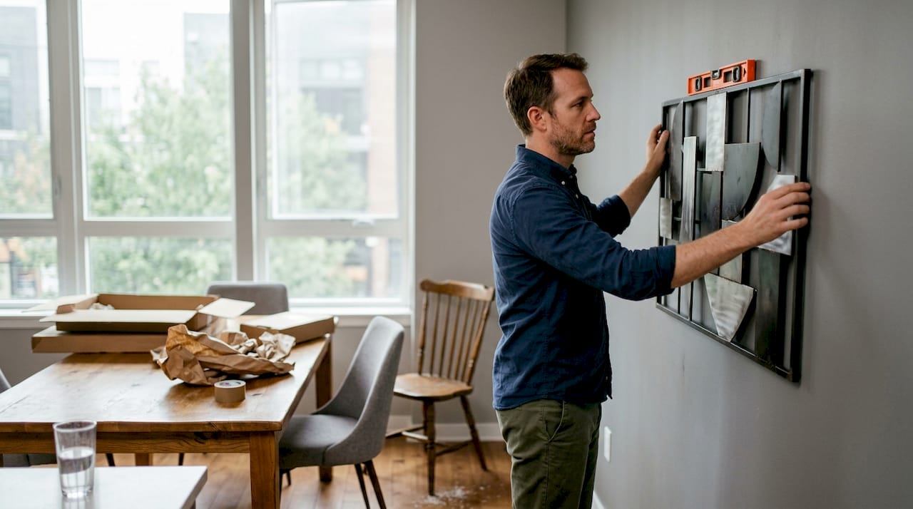 Man hanging metal art in modern dining room