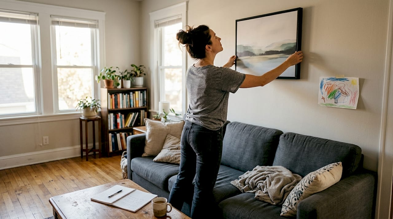Person centering canvas print above sofa