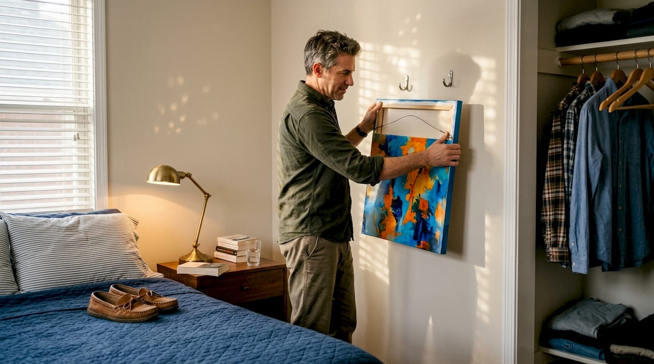 Man hanging acrylic art in bedroom